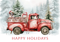 Dogs in Red Christmas Truck Front