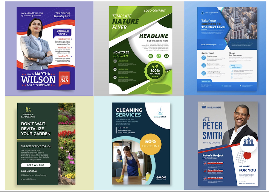 Printed materials including brochures, business cards, and banners