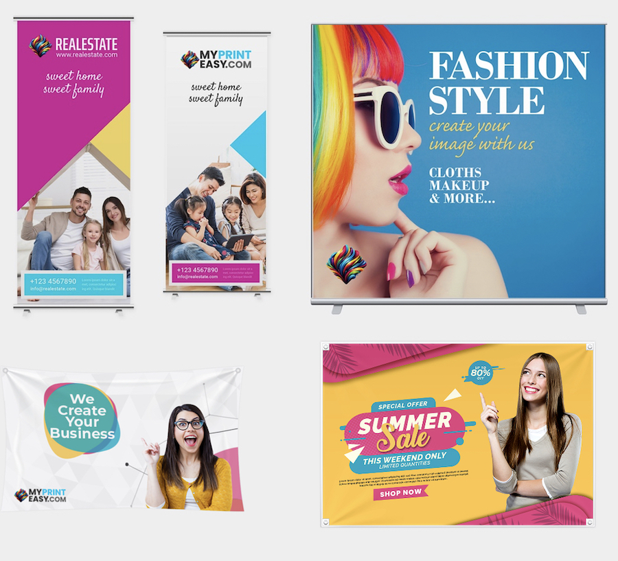 Printed marketing materials: brochures, business cards, and banners