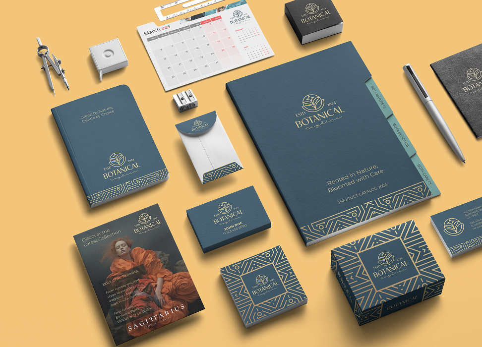 Stationery items including letterhead, envelope, and pen