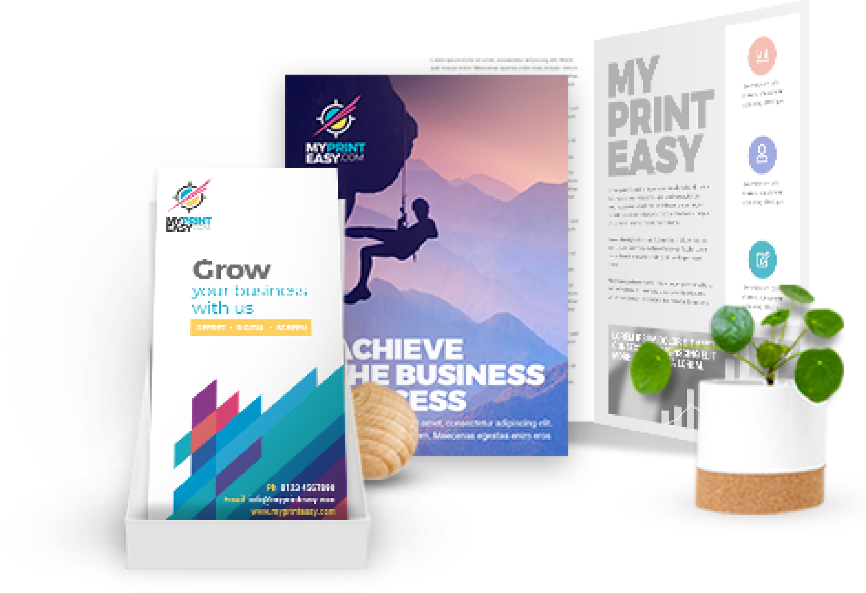 Printed materials including brochures, business cards, and banners