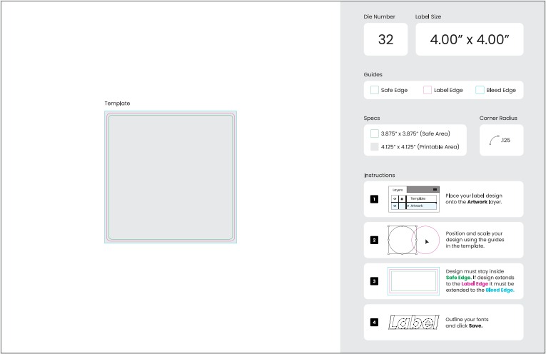 Preview of design templates with marked trim, safe area, and bleed