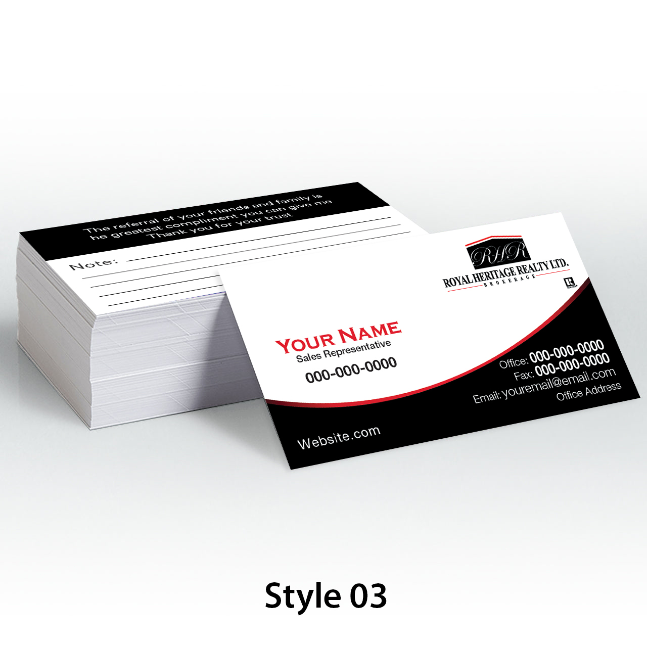 royal heritage business cards with notes
