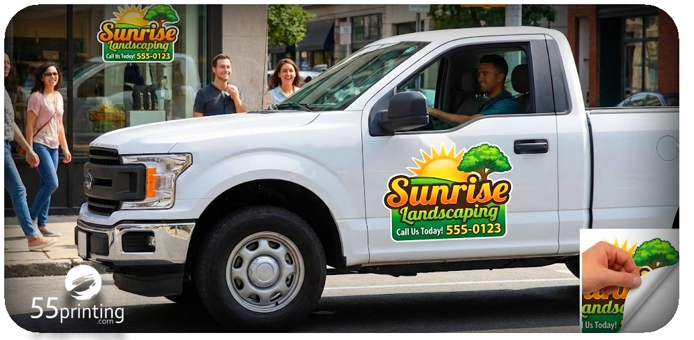 Business promotion magnet displayed on a red truck door