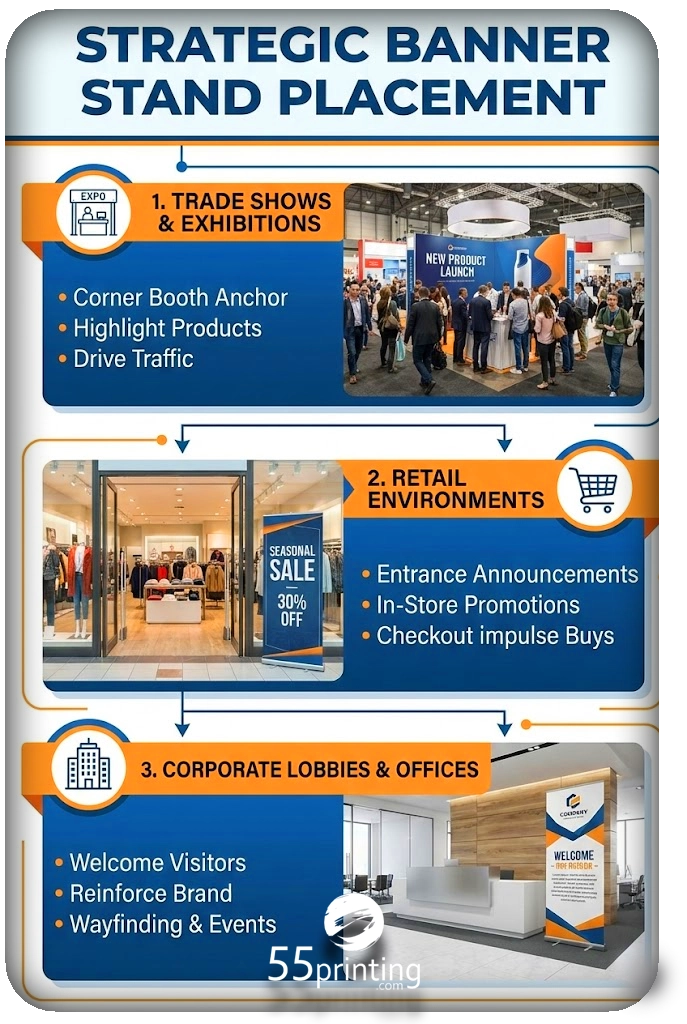 Strategic banner stand placement locations