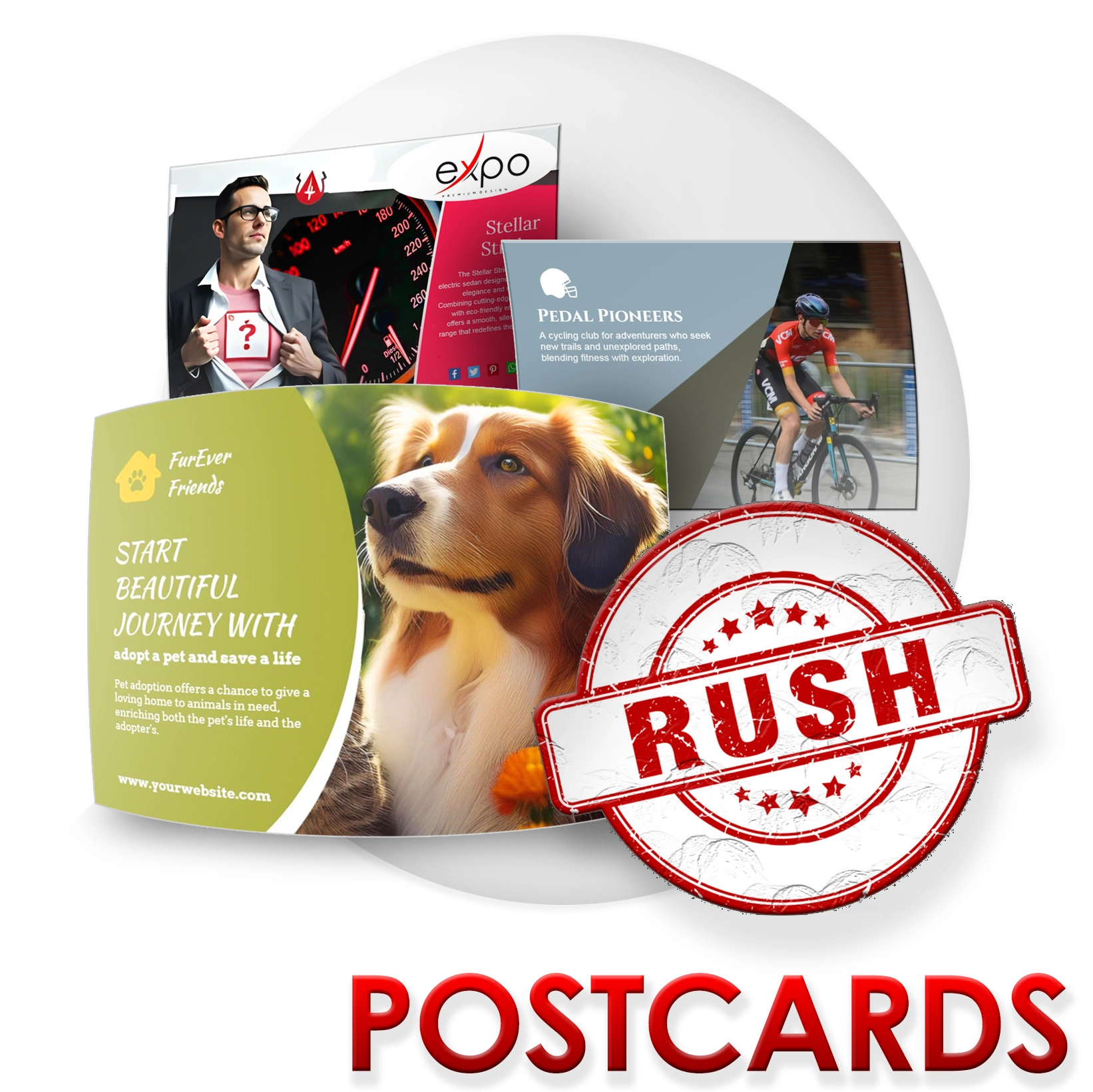 Stack of high quality glossy postcards ready for rush shipping