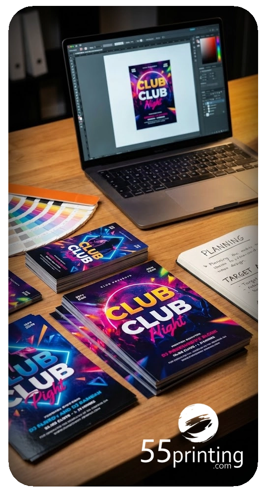 Table full of marketing goods and party flyers