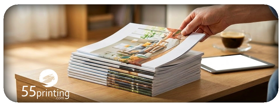 Stack of printed catalogs on a table
