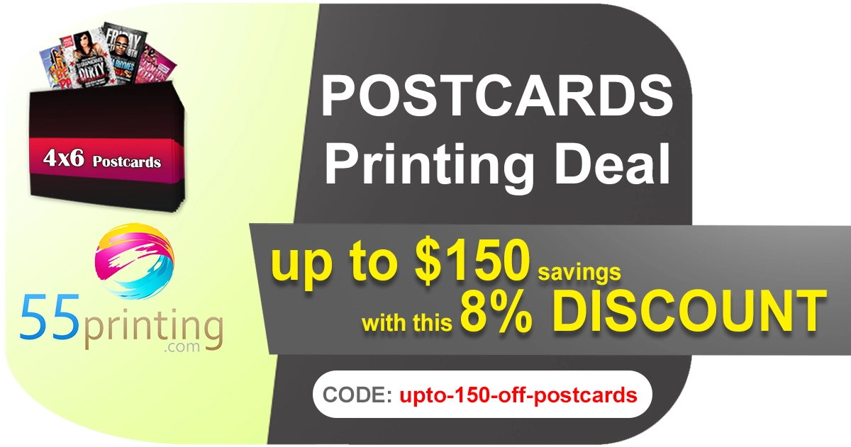 150 DOLLARDS savings for cheap postcards printing products at 55printing final