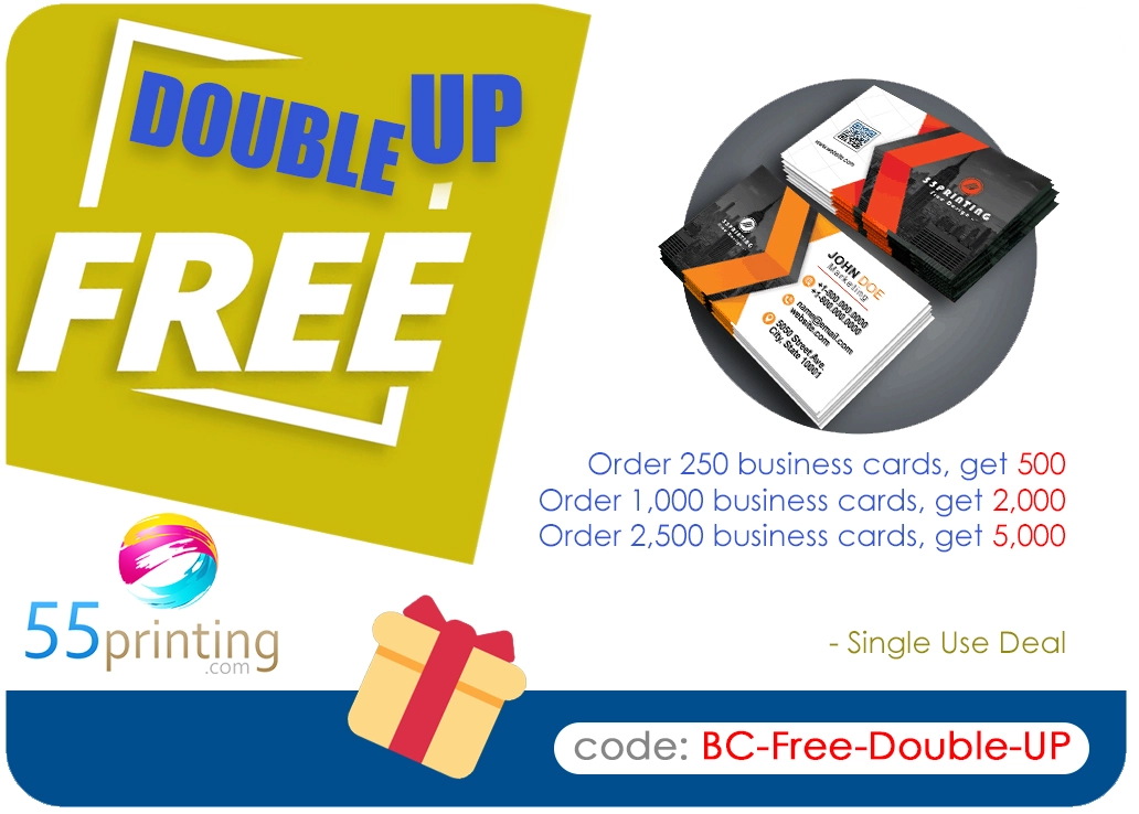 Free Business Cards Double UP discount coupon codeat 55printing.com