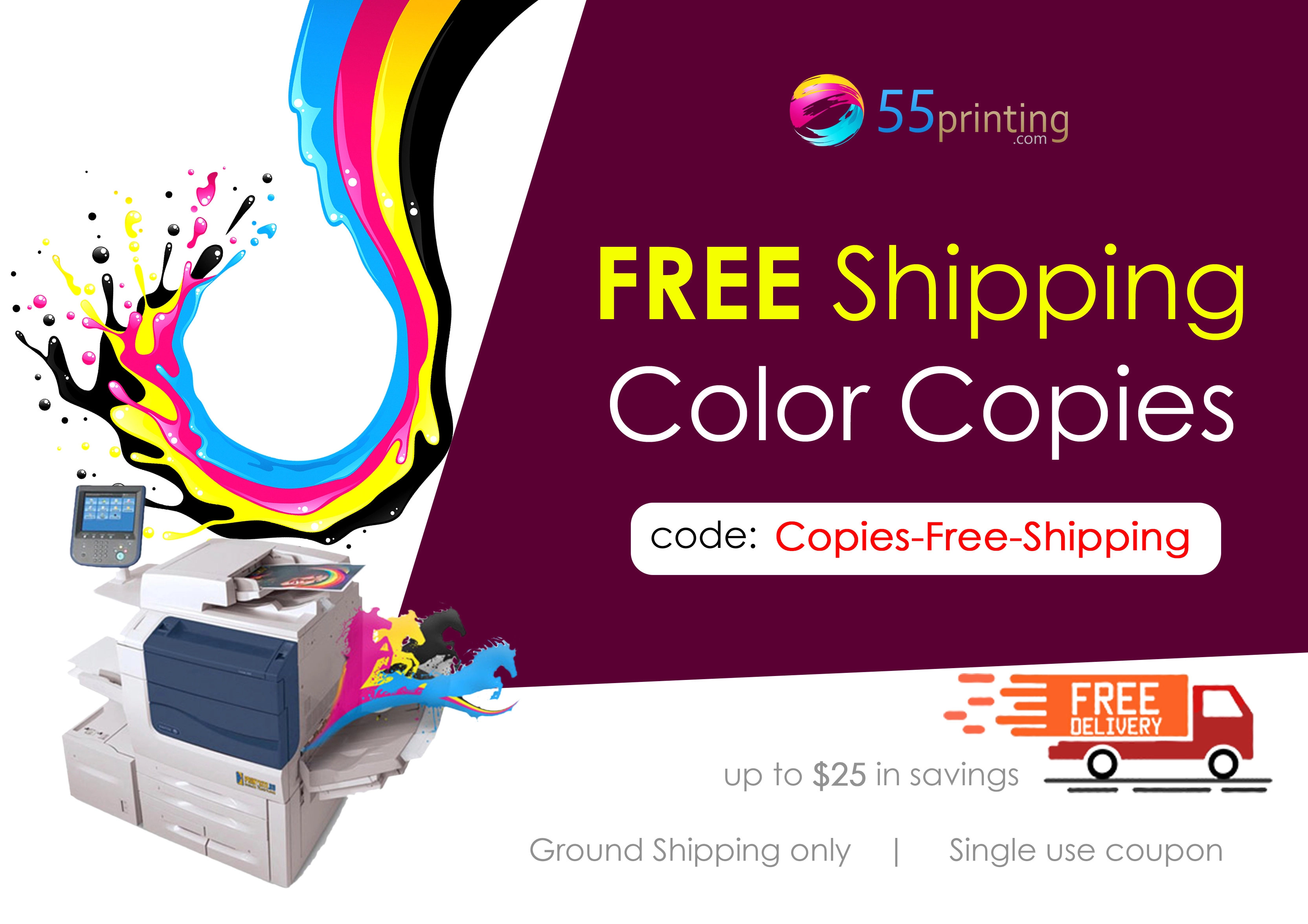 Free shipping for Color Copies Printing discount coupon code up to $25 in savings at 55printing.com