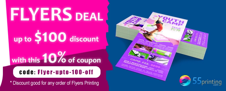 Up to $100 off with this 10% discount for Flyer printing coupon code at 55printing.com